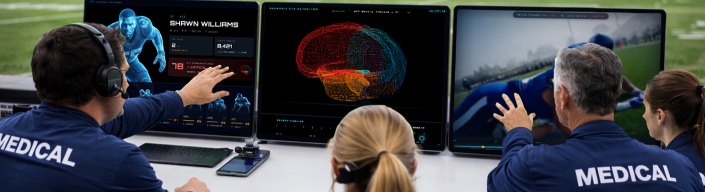 Medical staff at a sideline desk, backs to us, reaching toward three large screens: the roster, the brain, the impact replay.