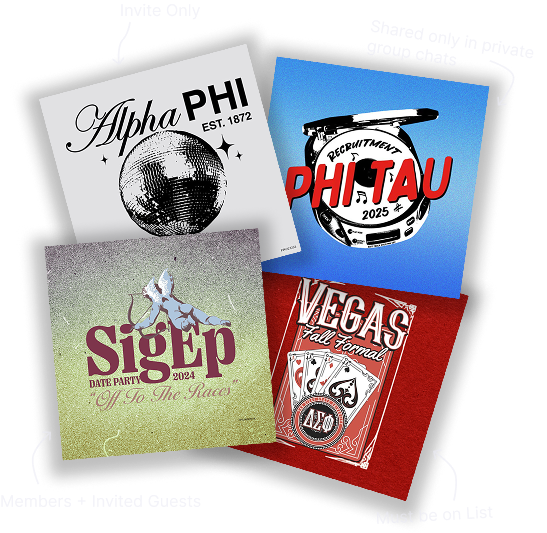 Real campus event flyers annotated: Invite Only, Shared only in private group chats, Members + Invited Guests, Must be on List