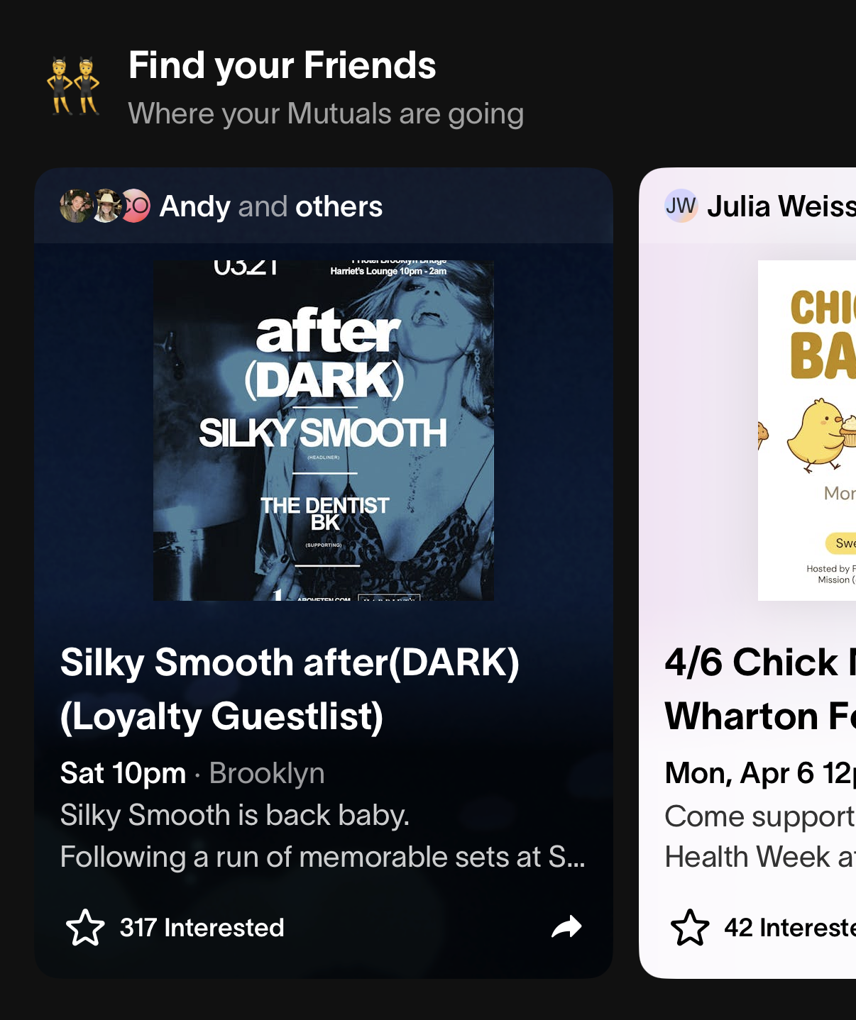 Partiful showing where your mutual friends are going